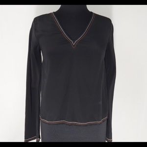 Madewell Stitched Silk Tie-back Top Blouse Black Cutout Long Bell Sleeve Size M